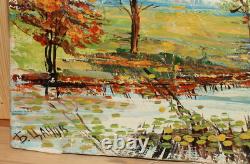 Tableau ancien huile impressionniste paysage rivière signé
