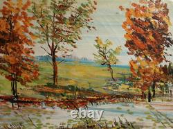 Tableau ancien huile impressionniste paysage rivière signé