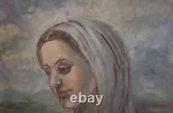 Tableau ancien huile impressionniste portrait de femme