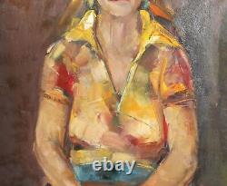 Tableau ancien huile impressionniste portrait de fille