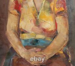 Tableau ancien huile impressionniste portrait de fille