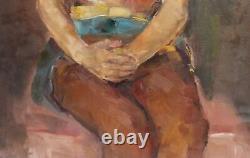 Tableau ancien huile impressionniste portrait de fille