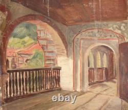 Tableau ancien huile intérieur maison de campagne