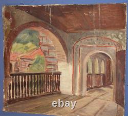 Tableau ancien huile intérieur maison de campagne