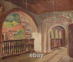 Tableau ancien huile intérieur maison de campagne