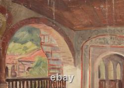 Tableau ancien huile intérieur maison de campagne