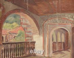 Tableau ancien huile intérieur maison de campagne