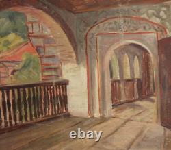 Tableau ancien huile intérieur maison de campagne