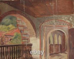 Tableau ancien huile intérieur maison de campagne