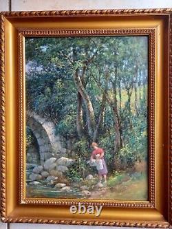 Tableau ancien huile la lavandieresig chatain