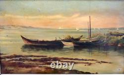 Tableau ancien huile marine bord de mer bateaux signé fin XIXème