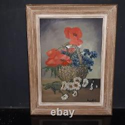 Tableau ancien huile nature morte aux fleurs coquelicot fleurs marguerites HSP