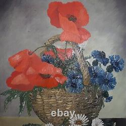 Tableau ancien huile nature morte aux fleurs coquelicot fleurs marguerites HSP