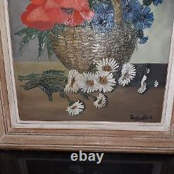 Tableau ancien huile nature morte aux fleurs coquelicot fleurs marguerites HSP