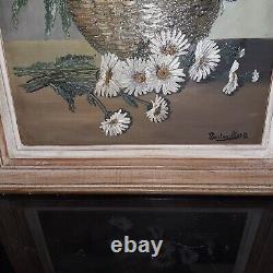Tableau ancien huile nature morte aux fleurs coquelicot fleurs marguerites HSP
