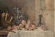 Tableau ancien huile nature morte avec fruits, chandelier, cruche et bol