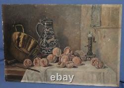 Tableau ancien huile nature morte avec fruits, chandelier, cruche et bol