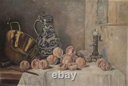 Tableau ancien huile nature morte avec fruits, chandelier, cruche et bol
