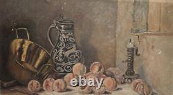 Tableau ancien huile nature morte avec fruits, chandelier, cruche et bol
