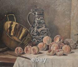 Tableau ancien huile nature morte avec fruits, chandelier, cruche et bol