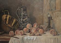 Tableau ancien huile nature morte avec fruits, chandelier, cruche et bol