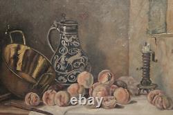 Tableau ancien huile nature morte avec fruits, chandelier, cruche et bol