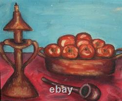 Tableau ancien huile nature morte avec fruits et chandelier