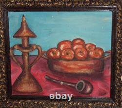 Tableau ancien huile nature morte avec fruits et chandelier