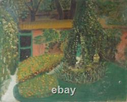 Tableau ancien huile original signé paysage de jardin, floral