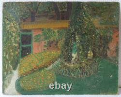 Tableau ancien huile original signé paysage de jardin, floral