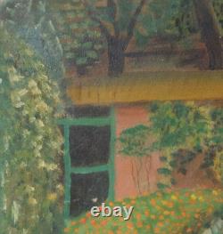 Tableau ancien huile original signé paysage de jardin, floral