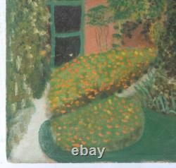 Tableau ancien huile original signé paysage de jardin, floral