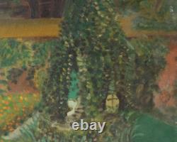 Tableau ancien huile original signé paysage de jardin, floral