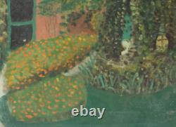 Tableau ancien huile original signé paysage de jardin, floral
