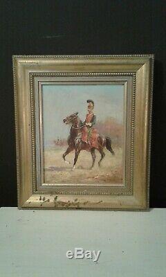 Tableau ancien huile / panneau Hussard à cheval Pechaubes Eugène (1890-1967)