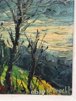 Tableau ancien huile paysage 37x31cm signé Emile Obrecht peintre alsacien