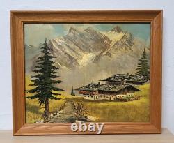 Tableau ancien huile paysage alpin Berghof années 1960 1970 cadre bois