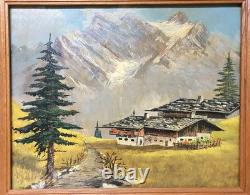 Tableau ancien huile paysage alpin Berghof années 1960 1970 cadre bois