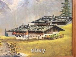 Tableau ancien huile paysage alpin Berghof années 1960 1970 cadre bois