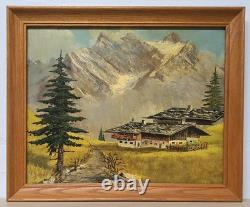 Tableau ancien huile paysage alpin Berghof années 1960 1970 cadre bois