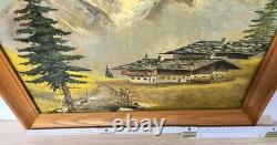 Tableau ancien huile paysage alpin Berghof années 1960 1970 cadre bois