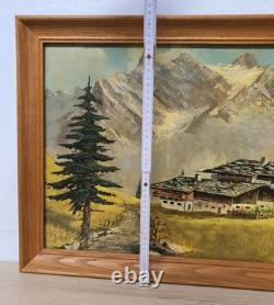 Tableau ancien huile paysage alpin Berghof années 1960 1970 cadre bois