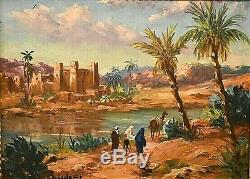 Tableau ancien huile paysage animé Orientaliste Oasis signé Edmond Flégier XXe
