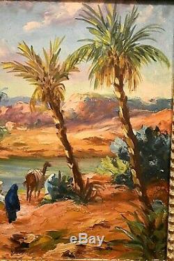 Tableau ancien huile paysage animé Orientaliste Oasis signé Edmond Flégier XXe