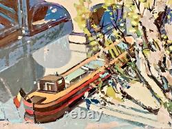 Tableau ancien huile paysage animé fauvisme péniche quai de Seine Cagninacci