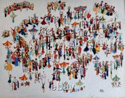 Tableau ancien huile paysage animé manège Chapiteau forain kermesse Art Naif
