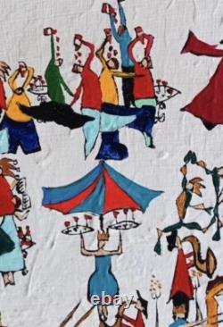 Tableau ancien huile paysage animé manège Chapiteau forain kermesse Art Naif