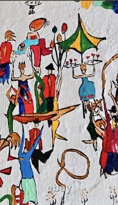 Tableau ancien huile paysage animé manège Chapiteau forain kermesse Art Naif