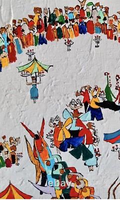 Tableau ancien huile paysage animé manège Chapiteau forain kermesse Art Naif