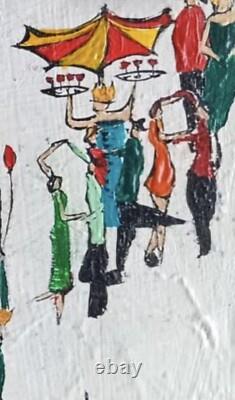 Tableau ancien huile paysage animé manège Chapiteau forain kermesse Art Naif